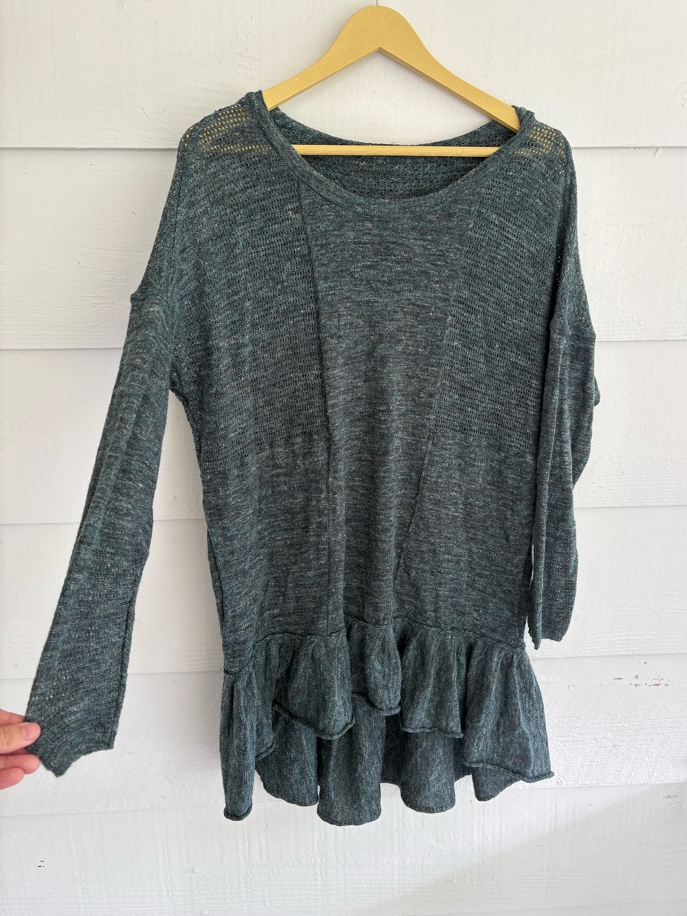 Free People Gray Green Sweater Dress Small Wool Alpaca Linen Ruffle Hem Hooded